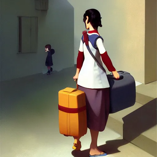 Image similar to goro fujita ilustration heerful girl taking the suitcases out of her house, characterized by william - adolphe bouguereau, character art, sharp focus, highly detailed, artstation