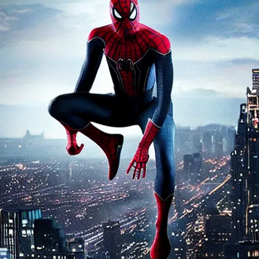 Image similar to promotional photo from new mcu spiderman movie featuring a black symbiote spiderman suit worn by tom holland