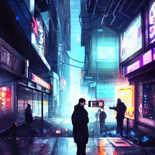 Image similar to man smoking taking picture with disposable camera in the crowded street of a cyberpunk city, rain, harsh neon lights, highly detailed, digital painting, trending on artstation, concept art, sharp focus, illustration, art by artgerm and greg rutkowski and magali villeneuve