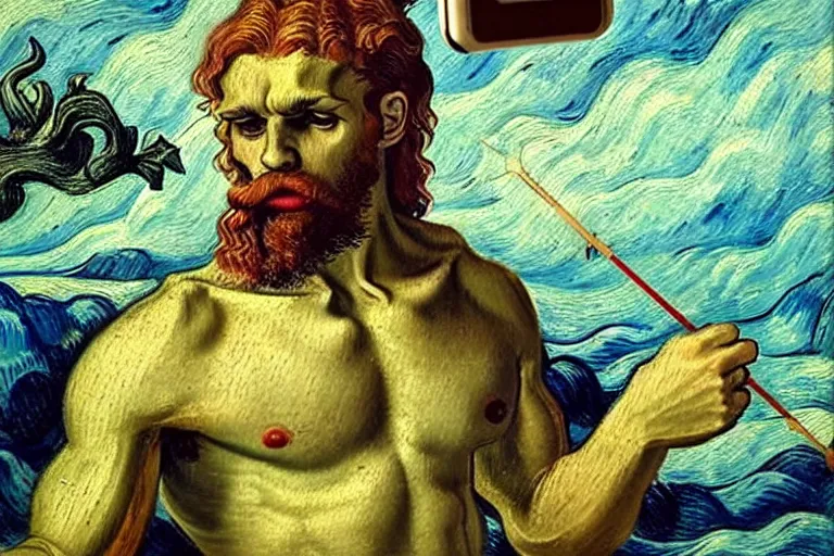 Image similar to hyperrealistic renaissance oil painting of greek god poseidon taking a selfie of himself underwater holding a go pro look king confused holding his trident, highly detailed and intricate by vincent vang gogh and billy butcher