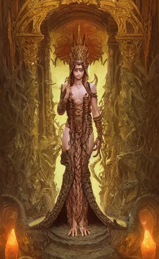 Image similar to crocodile godess in temple portal, reptilian skin, d & d, fantasy, intricate, elegant, highly detailed, digital painting, artstation, concept art, matte, sharp focus, illustration, photoshoot, art by artgerm and greg rutkowski and alphonse mucha