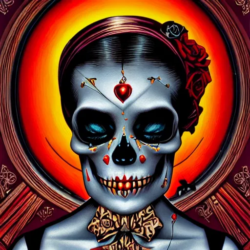 Image similar to a beautiful fancy skull lady by dan mumford and gil elvgren