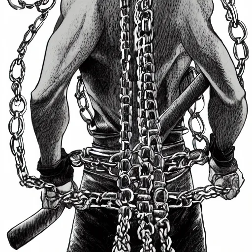 Prompt: A FULL BODY PORTRAIT FROM BEHIND OF TAKEZO FROM MANGA VAGABOND ,THE MAN KEEPS A KUSARIGAMA AND IT IS WRAPPED IN CHAINS ,detailed, concept art, ink style , sketch