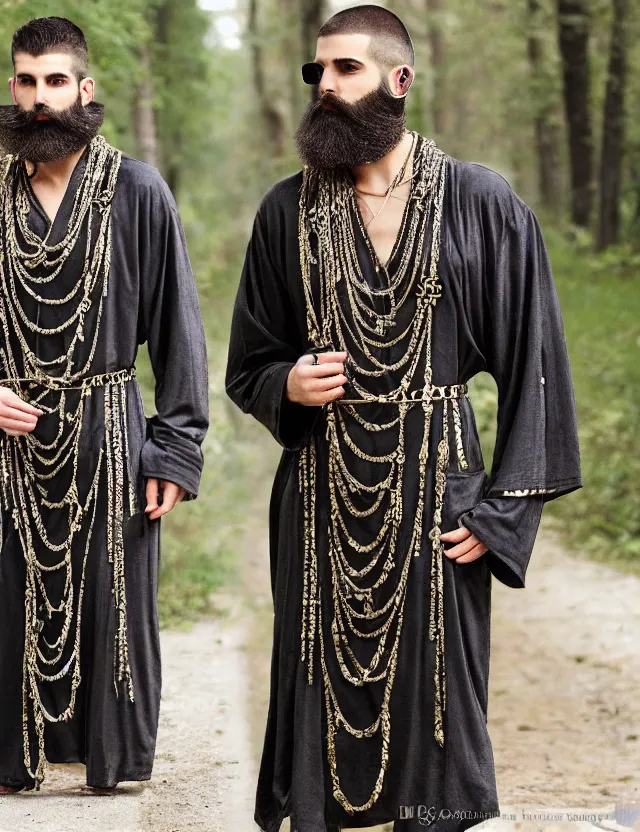 Prompt: longshot full modern ancient greek costume chiseled chin full beard shaved head nature creek river stream stones in the woods marc jacobs gucci intricate detailed handsewn textile robes chains necklace