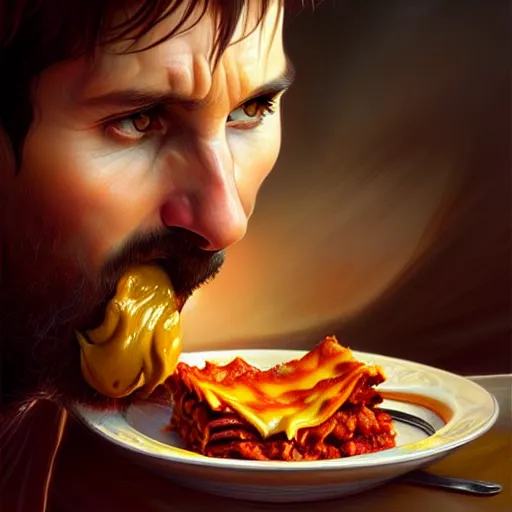 Image similar to Messi eating lasagna, closeup, D&D, fantasy, intricate, elegant, highly detailed, digital painting, artstation, concept art, matte, sharp focus, illustration, art by Artgerm and Greg Rutkowski and Alphonse Mucha