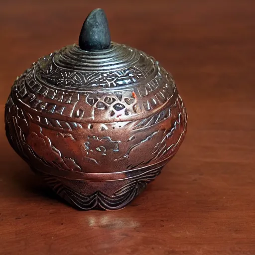 Image similar to A metal incense burner made of copper in the shape of a gourd. With delicate Japanese decorative carvings