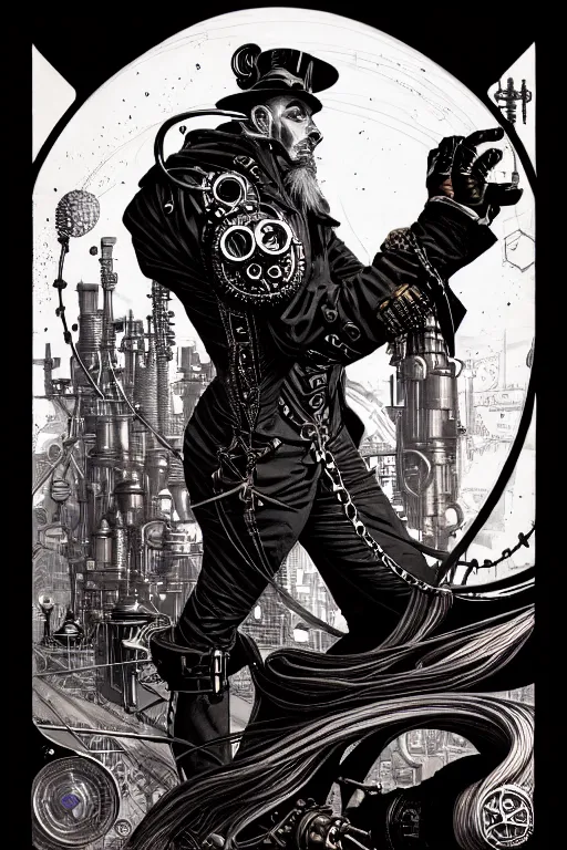 Image similar to side view of a majestic steampunk alchemist clooked male wizard holding his arm out, high details, bold line art, by vincent di fate and joe fenton, inking, etching, screen print, masterpiece, trending on artstation, sharp, high contrast, hyper - detailed,, hd, 4 k, 8 k