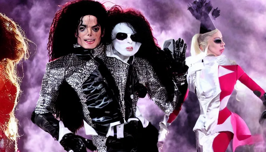 Image similar to michael jackson and lady gaga in a surreal futuristic music video