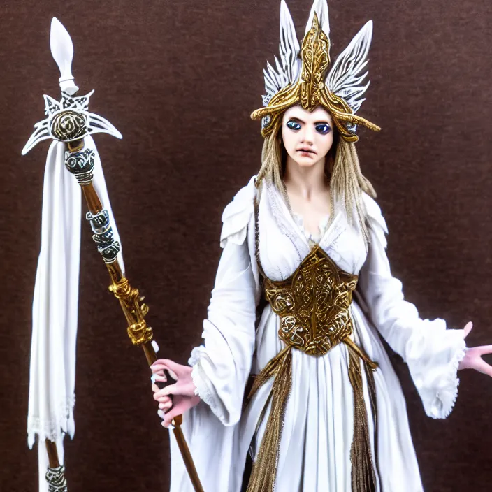 Prompt: photograph of a real-life beautiful wind witch with ornate white robes and staff. Extremely detailed. 8k