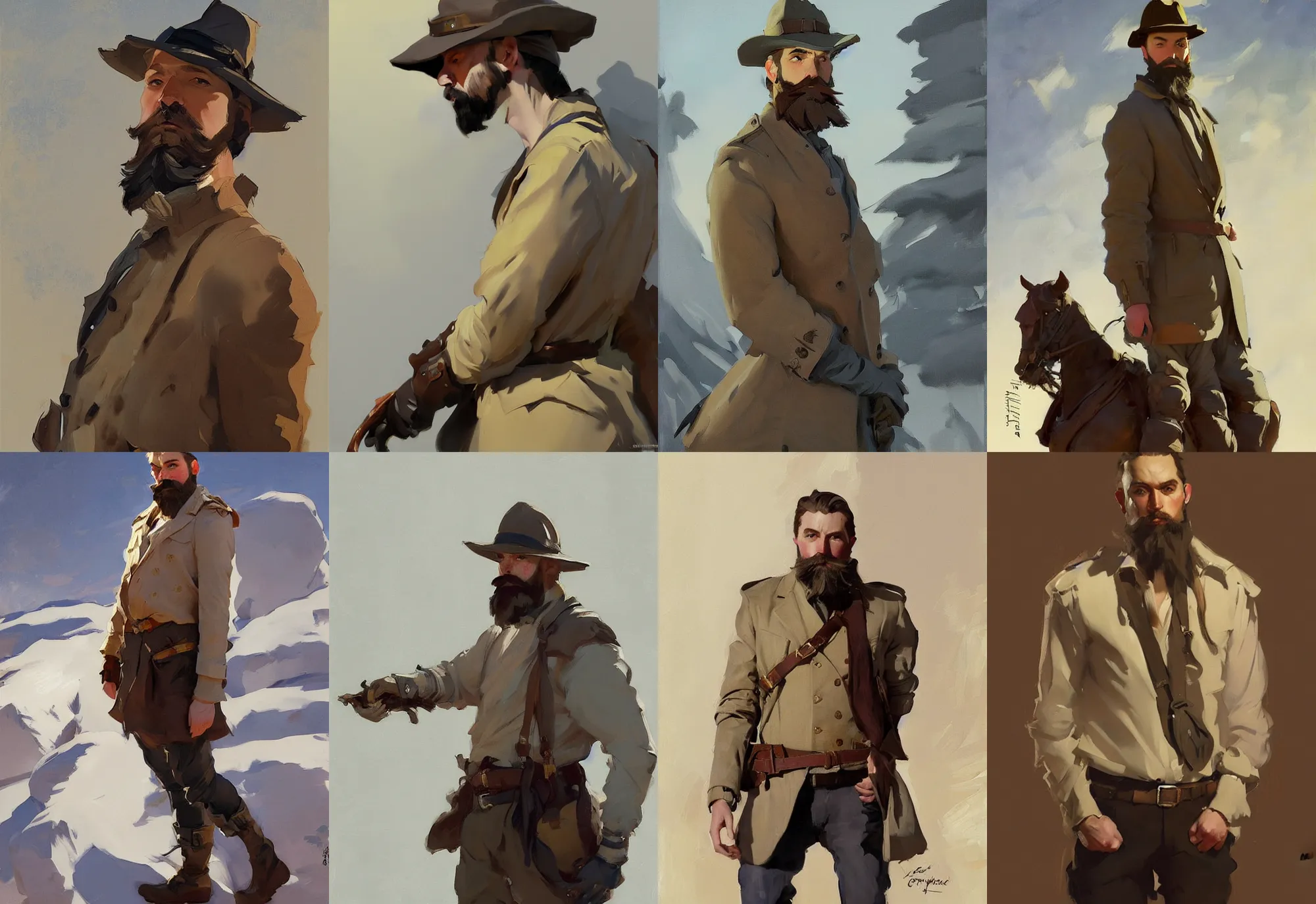 Image similar to portrait of russian model bearded men jodhpurs winter traveler greg manchess painting by sargent and leyendecker, studio ghibli, fantasy, medium shot, asymmetrical, intricate, elegant, matte painting, illustration, hearthstone, by greg rutkowski, by greg tocchini, by james gilleard, by joe fenton