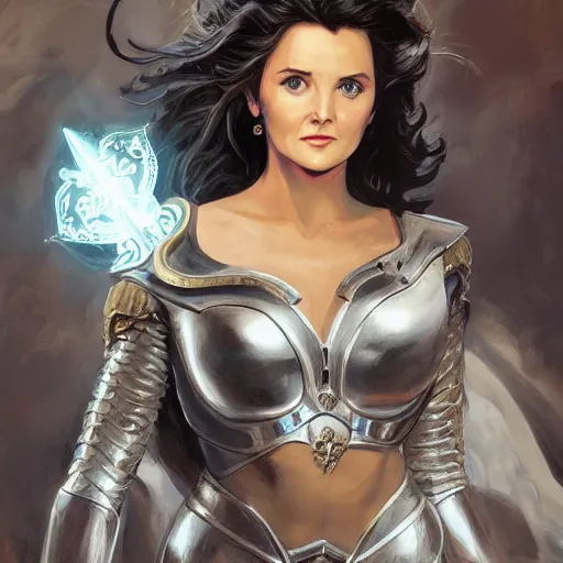 Prompt: A painting of young Lynda Carter wearing a intricate silver armor and holding Excalibur by nuri iyem, james gurney, james jean, greg rutkowski, anato finnstark. hyper detailed