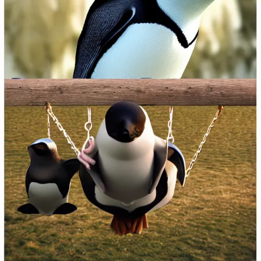 Image similar to realistic penguin sitting on a swing, hyper detailed, trending on artstation