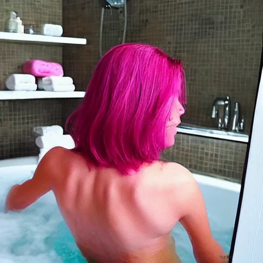 Image similar to “a woman called Berry with pink hair, taking a bubble bath”