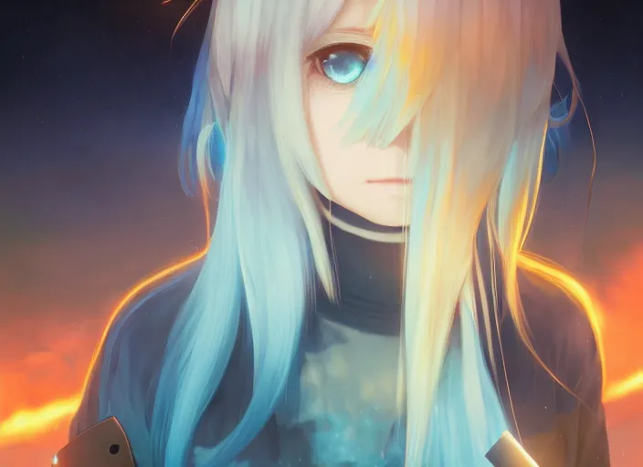 Image similar to rimuru playing chess, with amber eyes of gold color, straight hair, sky blue hair, long bangs, high collar, concept art, award winning photography, digital painting, cinematic, by wlop, anime key visual, wlop, 8 k, by ross tran, tom bagshaw, andy warhol