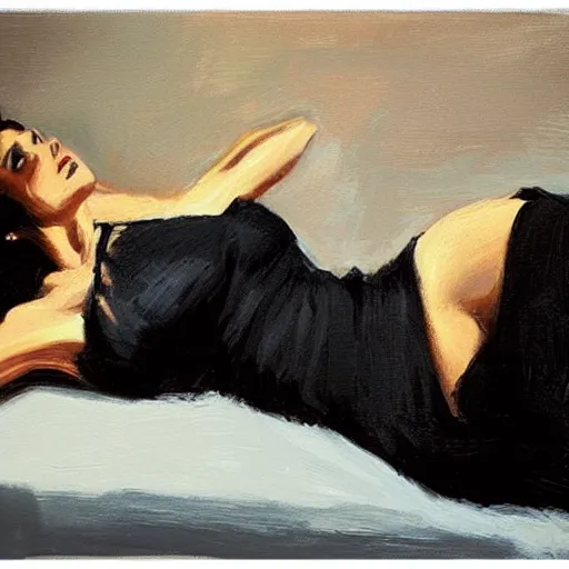 Image similar to Ground Level Shot, medium shot of a dark haired woman wearing a black dress, on a bed. by fabian perez