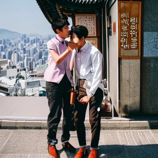 Image similar to two gay korean boys holding ice coffee while kissing outside looking over the city of seoul