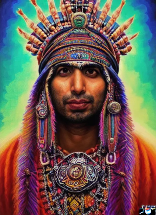 Prompt: portrait of kunal nayyar, hyper detailed ultra sharp aztec shaman warrior. trending on artstation, warpaint aesthetic, bloodwave, colorful, psychedelic, ornate, intricate, digital painting, concept art, smooth, sharp focus, illustration, art by artgerm and greg rutkowski and h. r. giger, 8 k