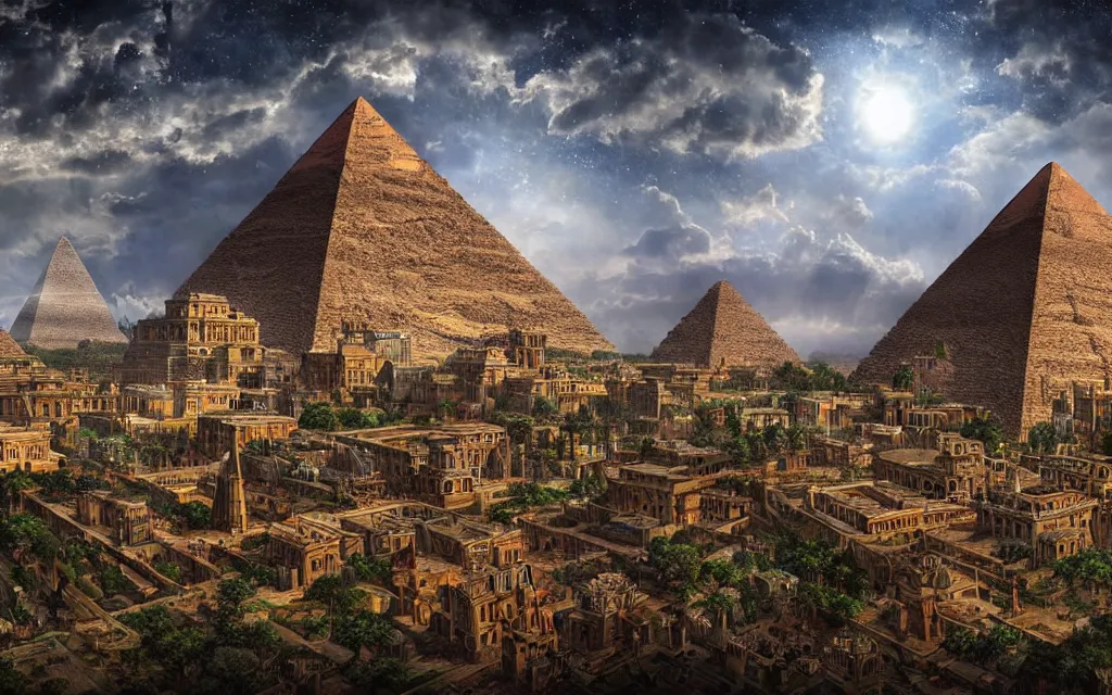 Image similar to landscape view of a tremendously advanced old world city centered around a mystical & monolithic metalic pyramid, centered with etheric energy harvesting giving limitless energy and profound technology performing magical miracles in abundance, highly intricate, digital art, very elegant, hdr 8 k, biblical art, realism, incomprehensible yet perspicious detail
