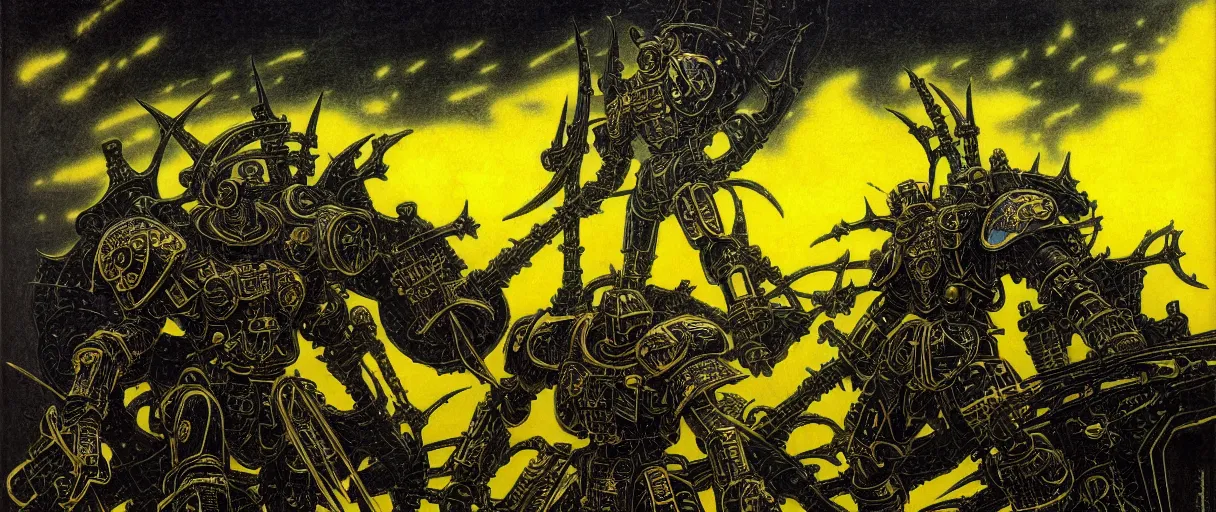 Prompt: composition gothic of and futuristic, warhammer, cyber japan style armor, scars, thunderstorm, black and yellow, many mechflowers, the middle ages, highly detailed, artstation, in the style of moebius, jugendstil and classic japanese print, art by jean delville, richard pearce