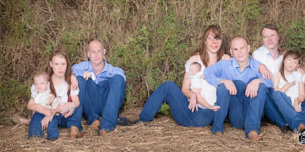 Prompt: awkward family photo, soiled pants, bad haircut, professional photography, 8k,