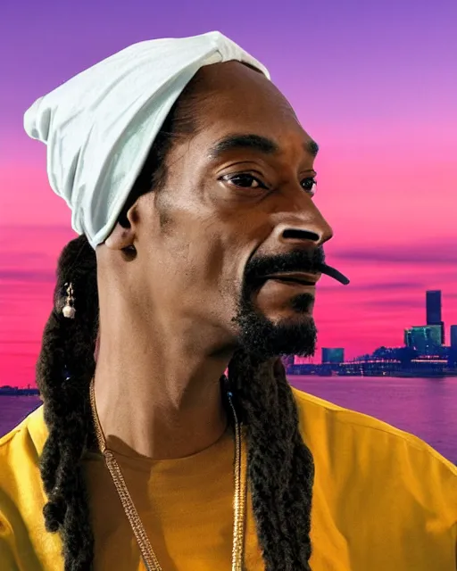 Prompt: snoop Dogg dressed as The girl with the pearl earring, smoking, Long Beach background, sunset