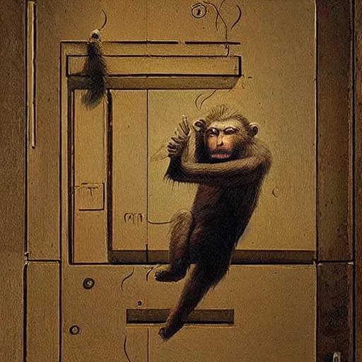 Image similar to hyper realistic, space monkey and astronaut opening door that shows space and time created by davinci with extra detail, epic, golden ratio.