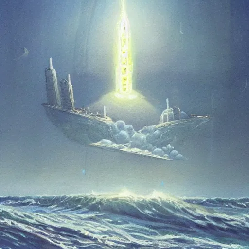 Image similar to a ship off the shore of a beautiful coast with a distant ominous biopunk tower filled with evil technology glowing in the distance, painting by John Berkley