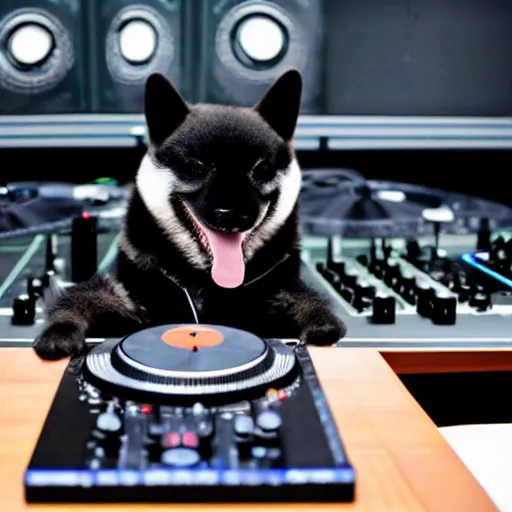 Prompt: Black Shiba Inu wearing a baseball cap DJing