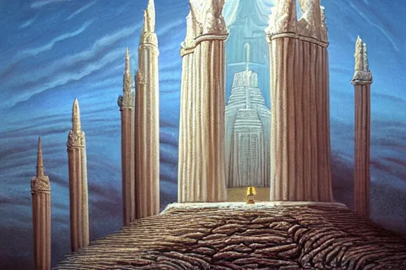 Image similar to the temple of truth is white, whole, holy and beautiful, but is surrounded by a crater of ruin and desolation. it's spire reaches up to the heavens and is topped with a gold statue. | painting by rob gonsalves. stark contrast. landscape painting. trending on artststion. matte painting