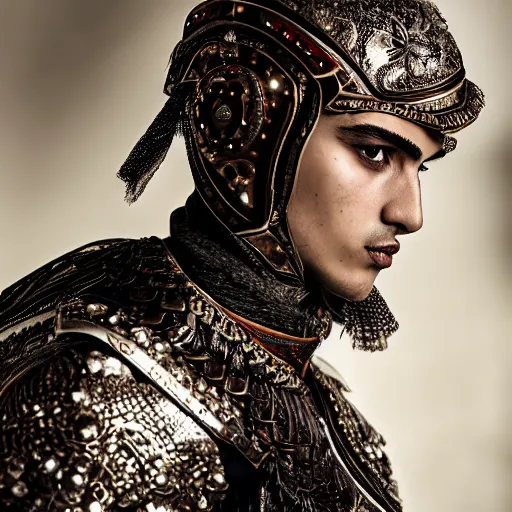 Image similar to a portrait of a beautiful young turkish male wearing an alexander mcqueen armor , photographed by andrew thomas huang, artistic