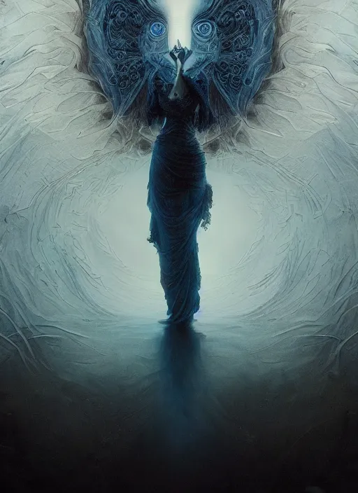 Image similar to Her huge ominous glowing blue eyes staring into my soul , perfect eyes, intricate stunning highly detailed, agostino arrivabene, Tomasz strzalkowski, twisted dark lucid dream, 8k portrait render, raven angel wings, swirling thick smoke , beautiful lighting, dark fantasy art, cgsociety