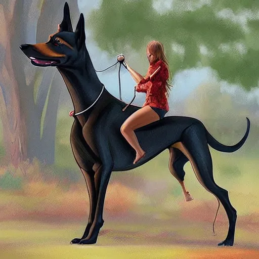 Image similar to girl riding a giant doberman in the park, trending on artstation