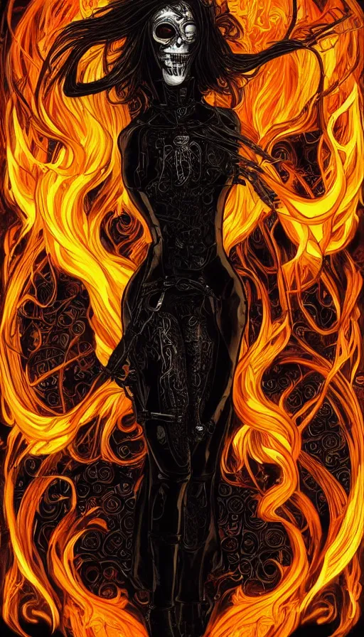 Prompt: a finely detailed beautiful!!! feminine cyberpunk ghost rider with skull face and long flowing hair made of fire and flames, dressed in black leather, by Alphonse Mucha, designed by H.R. Giger, legendary masterpiece, stunning!, saturated colors, black background, full body portrait, centered in image, trending on ArtStation