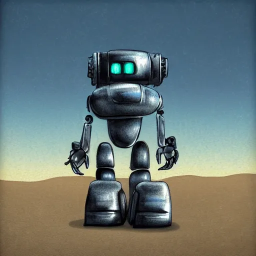 Prompt: abandoned robot in a desert landscape, painted, futuristic