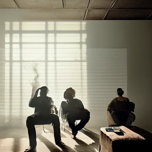 Image similar to gang members chilling around dirty couch in a beige room smoking thick volumetric dust god rays shines through the blinds kinda atmosphere jonathan zawada style photography