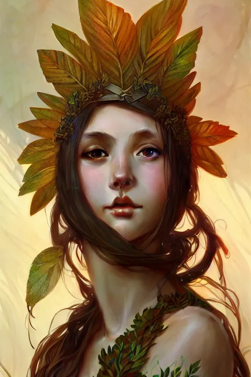 Image similar to beautiful ancient girl in makeshift leaf armor, highly detailed, digital painting, artstation, sharp focus, illustration, art by tan zi and ayanamikodon and alphonse mucha and wlop