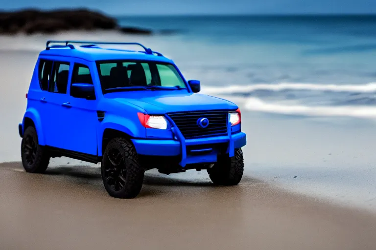 Image similar to blue sports utility vehicle, tinted windows, driving on a beach, photo realistic, cinematic lighting, professional photography, mild depth of field