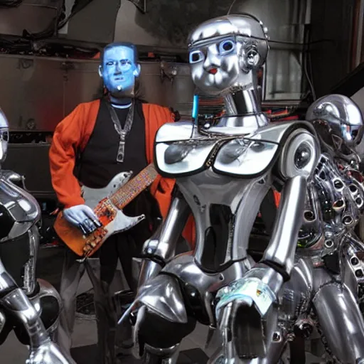 Prompt: humanoid robot metal band