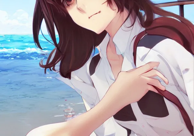 Image similar to A girl with short brown hair, wearing a white blouse, laying on a beach chair, drawn by WLOP, by Avetetsuya Studios, attractive character, colored sketch anime manga panel, trending on Artstation