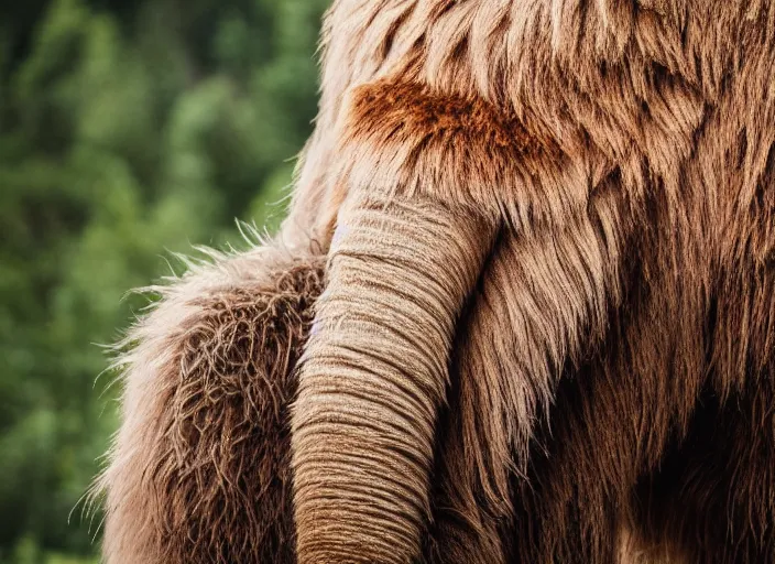 Image similar to closeup of a very wooly brown hairy mammoth, mastodon, mammoth, detailed fur, zoo photography, National Geographic, HD,