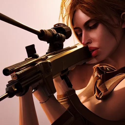 Prompt: close up of beautiful female kissing barrett m 9 5 sniper rifle, hi - fructose, decadent highly - detailed digital painting, golden ratio, octane render, artstation, cinematic composition, smooth, sharp focus