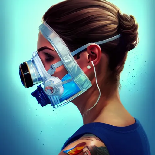 Image similar to a profile photo of an undercover villian with oxygen mask, side profile in underwater, highly detailed, digital painting, artstation, concept art, smooth, sharp focus, illustration by Sandra Chevrier