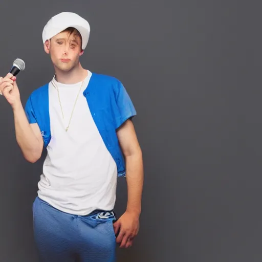 Image similar to a full body shot of an average white, short young - adult man with blue dyed hair, wearing a red backwards cap, white t - shirt with a red no symbol on it, blue long pants and red shoes, holding a microphone, studio lighting, photoshoot, grey background