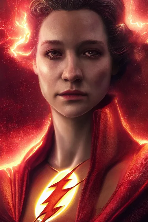 Image similar to Majestic and regal portrait of a female The Flash, DC universe, Perfect face, beautiful, intricate, epic, elegant, menacing, fantasy, highly detailed, digital painting, hard focus, beautiful volumetric lighting, epic light, ultra detailed, by Leesha Hannigan, Ross Tran, Thierry Doizon, Kai Carpenter, Ignacio Fernández Ríos