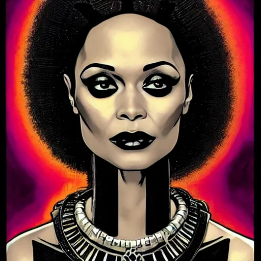 Prompt: thandiwe newton as the comic book character, death, a young and beautiful pale goth girl wearing a black vest and black punk hair, an ankh medallion hangs around her neck. dramatic makeup, the actress thandiwe newton, comic art portrait by joshua middleton and coles phillips, kandinsky,