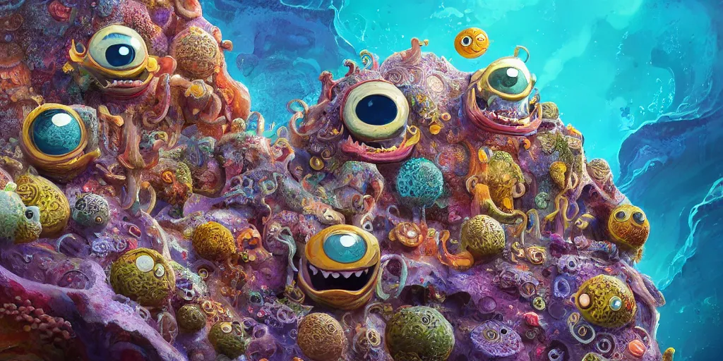 Image similar to of an intricate sea reef with strange cute friendly happy creatures with huge eyes, mouth, long tongue, round teeth and goofy face, appearing from the background, in the style of gehry and gaudi, macro lens, shallow depth of field, ultra detailed, digital painting, trending artstation, concept art, illustration, cinematic lighting, photorealism, epic, octane render