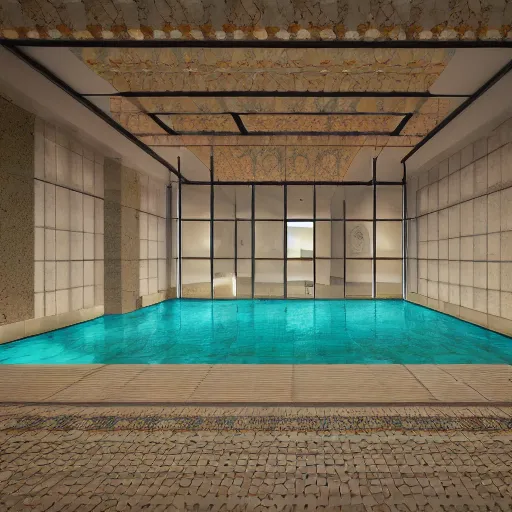 Prompt: liminal space of a huge indoor complicated infinite pool, ambient lighting, 3 d render, highly detailed, tiles, clean, 8 k, cinematic, backrooms, photorealistic