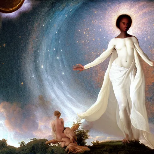 Prompt: a celestial renaissance painting of a black woman wearing a white dress in the middle of a magical florest, magical, octane render, renaissance, boguereau, venus, nymph