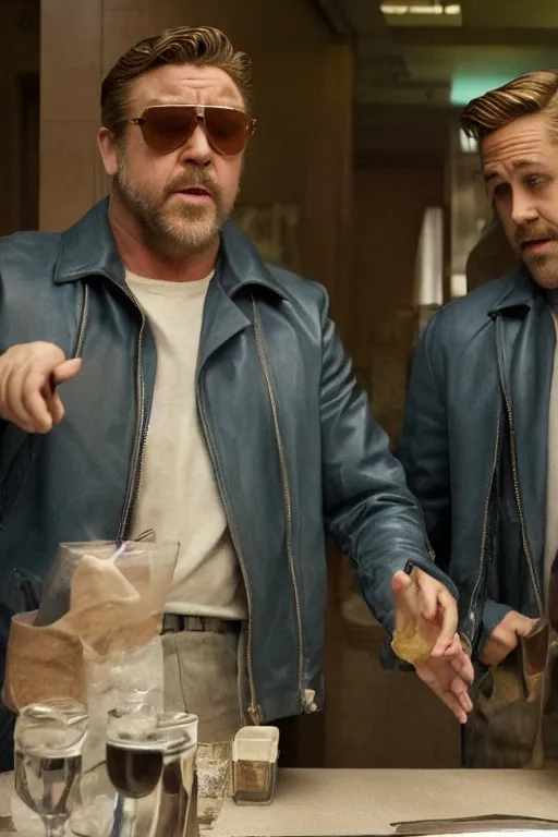Prompt: Russell Crowe and Ryan Gosling in The Nice Guys (2016), cinematography, movie stills