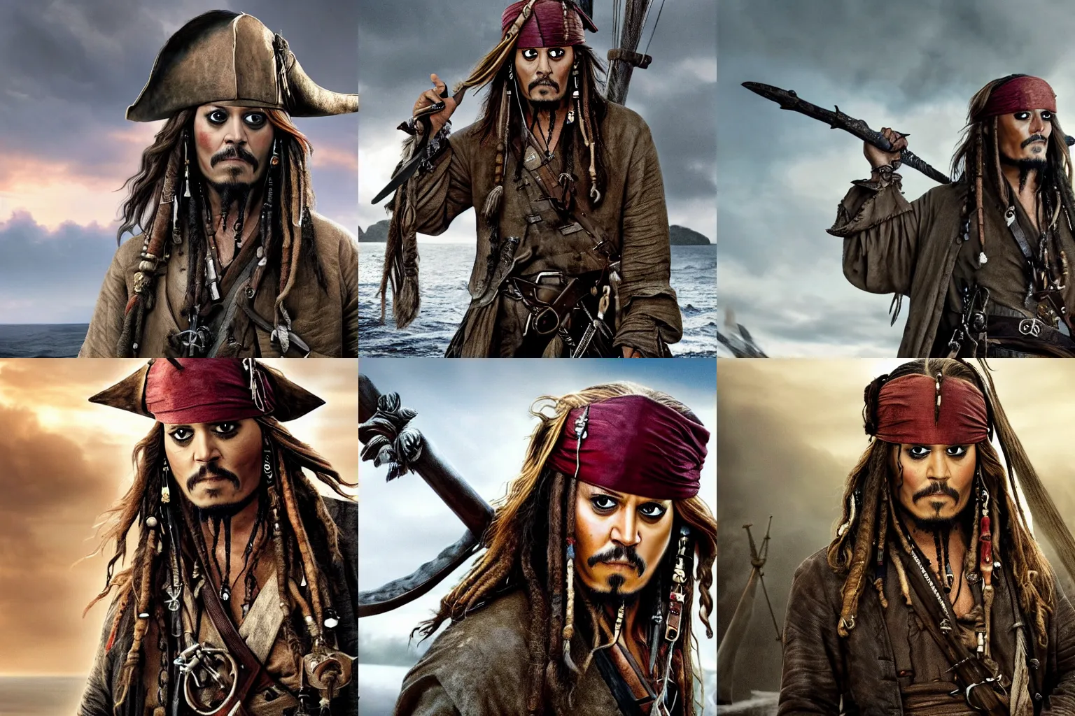 Prompt: jack sparrow in game of thrones, hyperealistic, high detail, massive battle